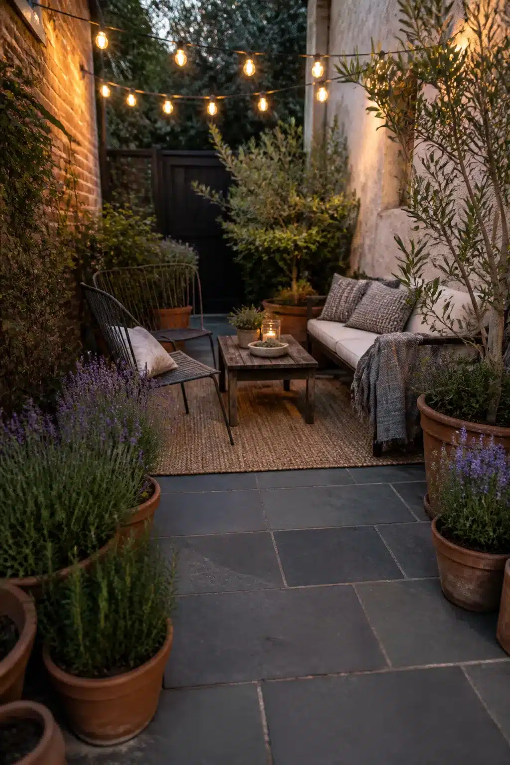 Edison string lights over a small patio garden with slate paving, lavender pots, and cozy evening seating