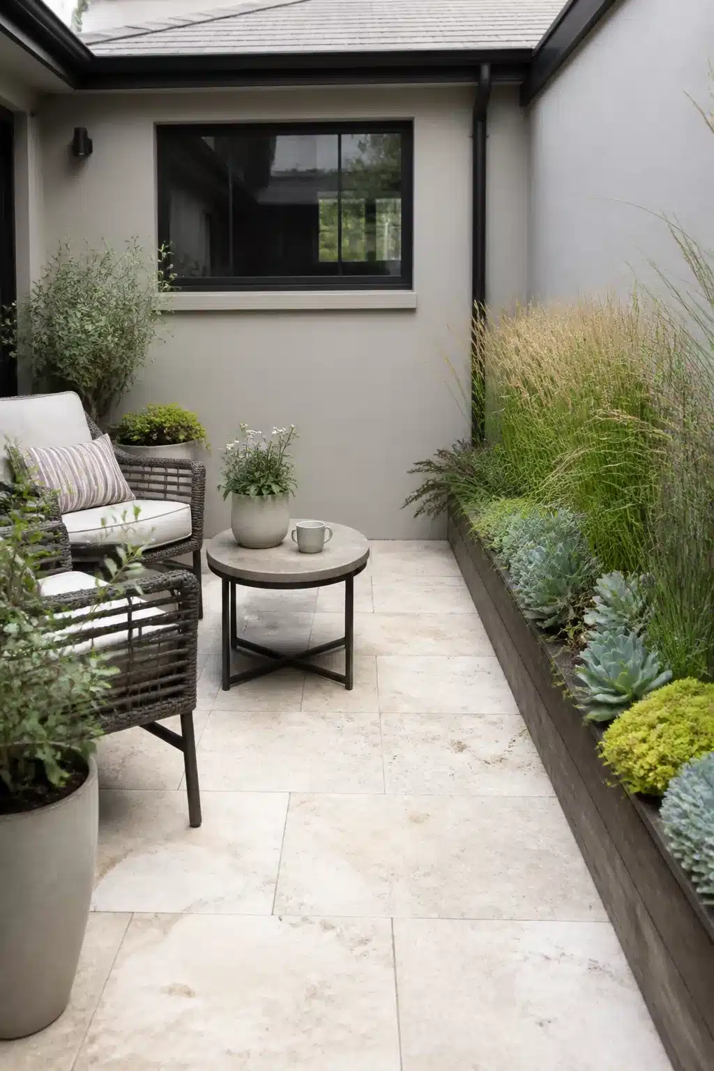Small patio garden with travertine tiles, raised timber planter border, ornamental grasses and succulents.