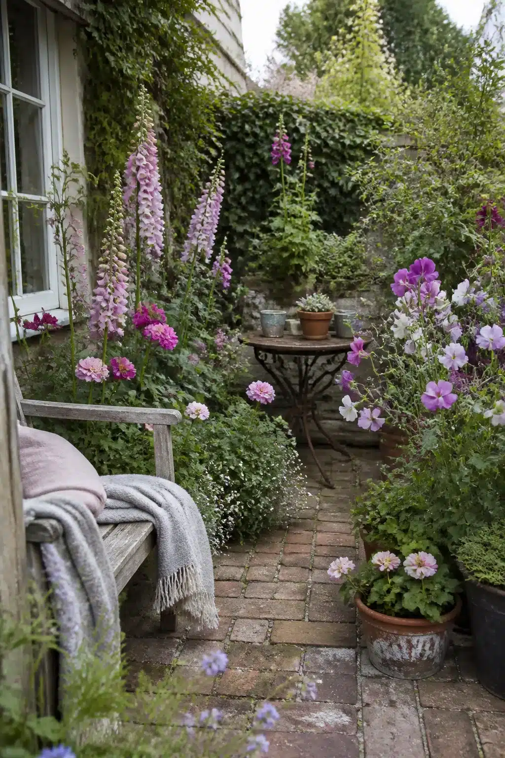Small patio garden with foxgloves, brick path, wrought iron table and cottage flowers in a narrow outdoor space.