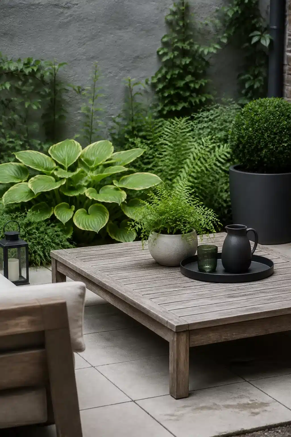 Small patio garden with gray wall, weathered teak table, hostas, ferns, and clipped boxwood in charcoal planters.
