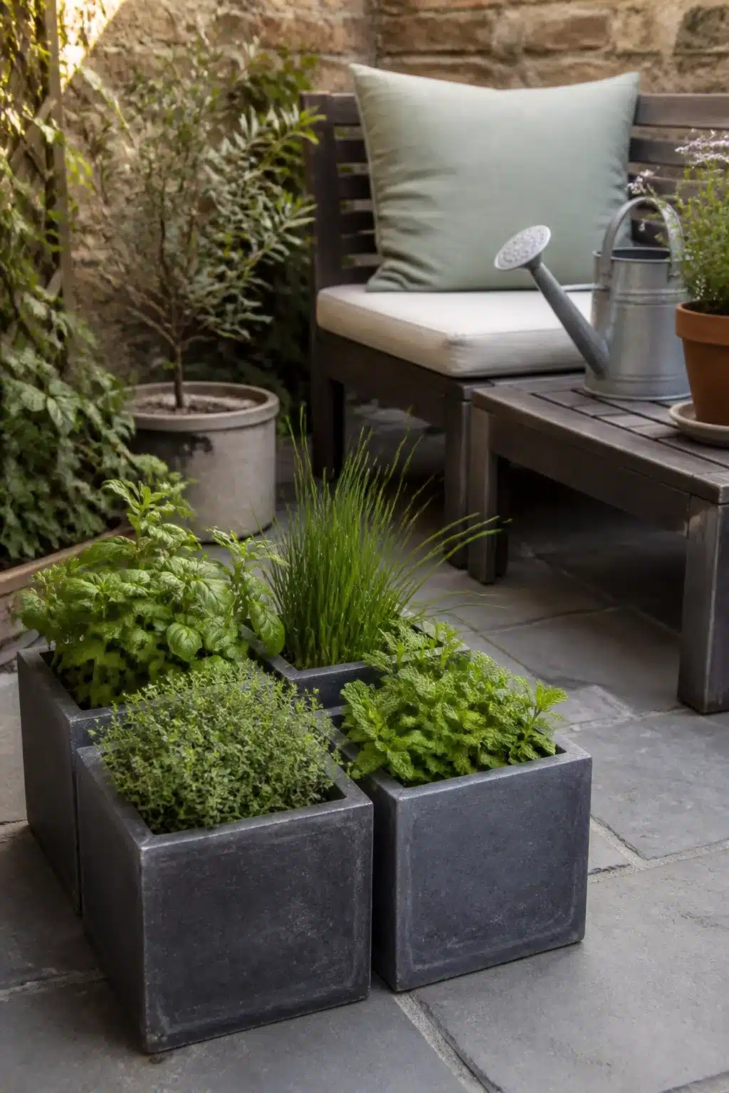 Dark cube planters filled with fresh herbs on a flagstone small patio garden with seating and watering can
