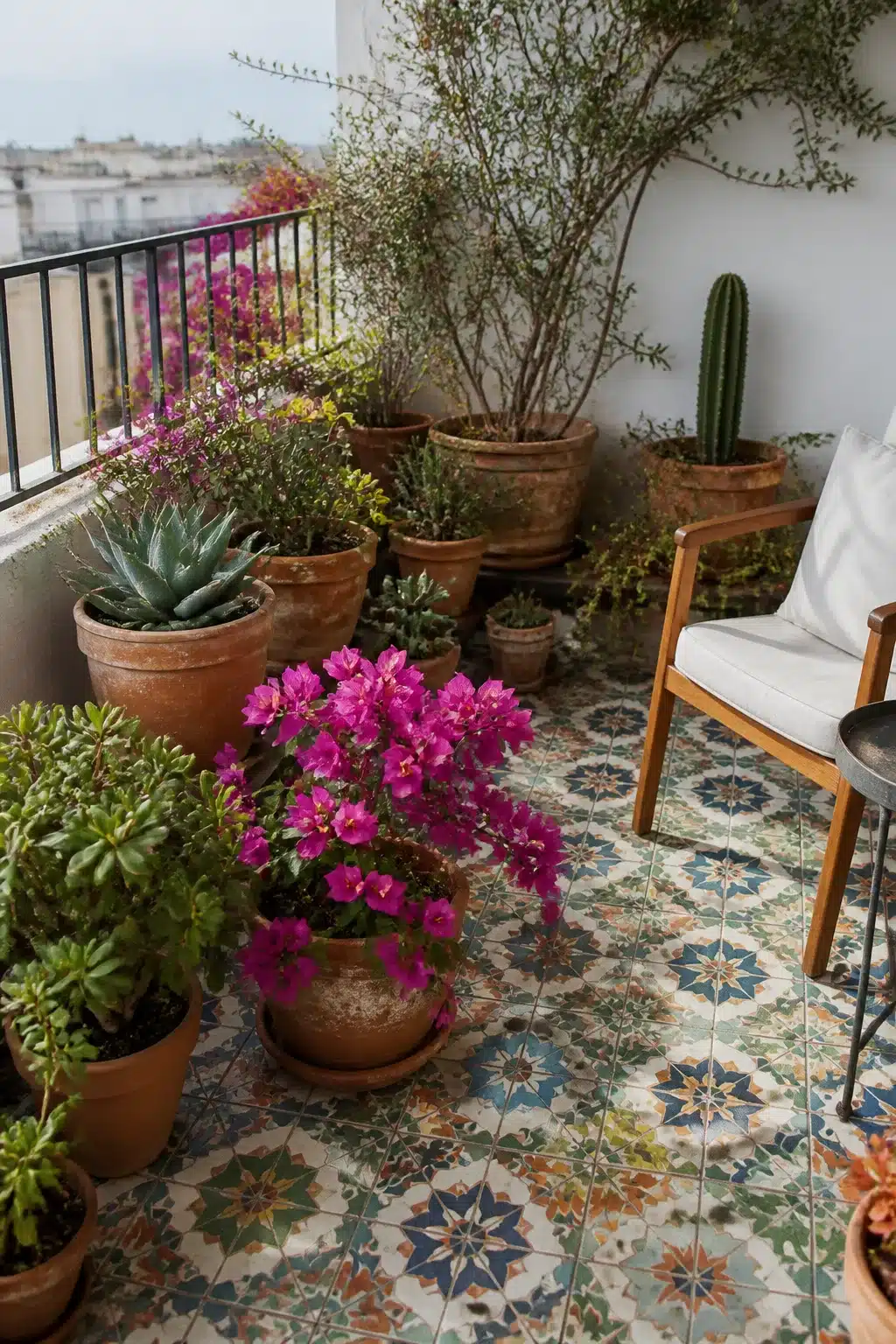 Small terrace garden with Moroccan encaustic floor tiles, terracotta pots, bougainvillea, cactus, and succulents on a rooftop balcony.