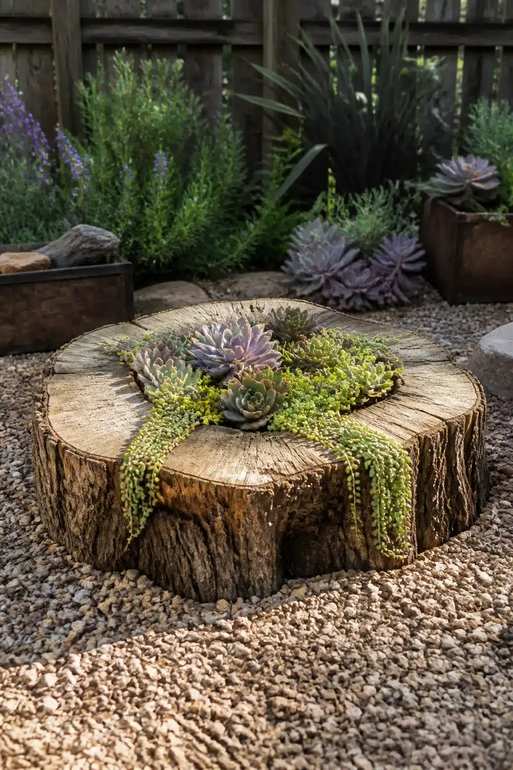 Hollowed tree stump planter with succulents and trailing sedum — creative tree stump ideas for garden gravel beds