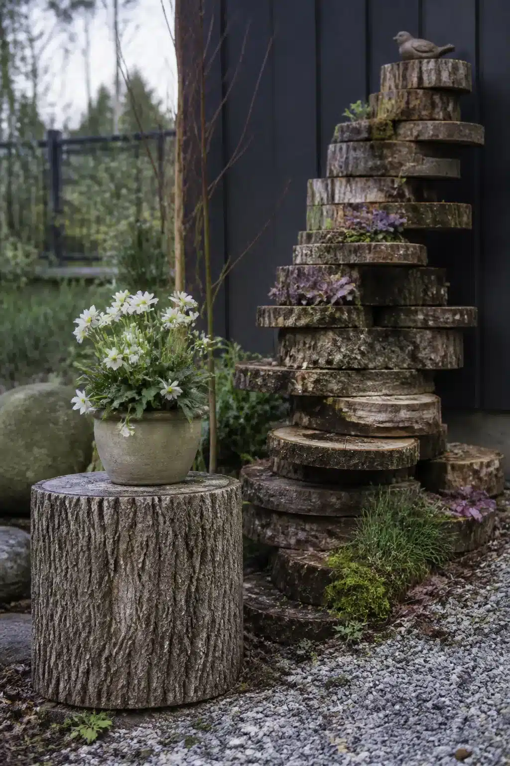 Stacked log slice tower sculpture beside a tree stump pedestal — creative tree stump ideas for woodland gardens