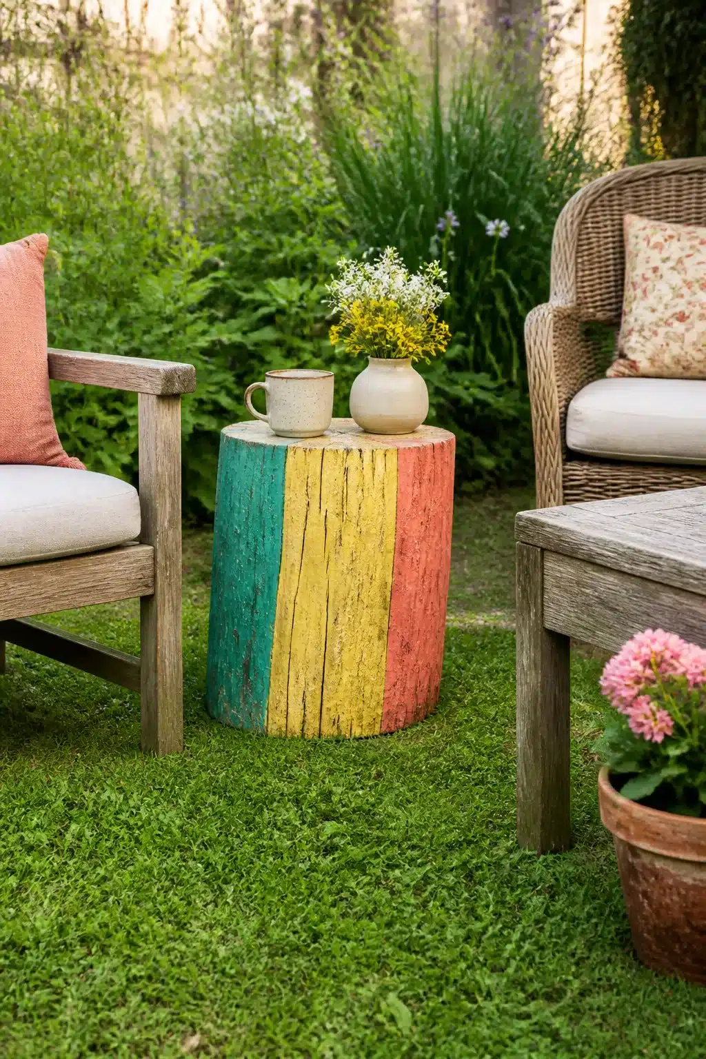 Rainbow painted tree stump side table in a garden seating area — colorful tree stump ideas for outdoor spaces