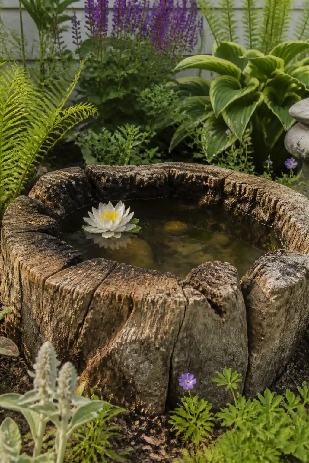 Tree stump ideas: hollowed stump used as a miniature garden pond with a white water lily and lush green plants.