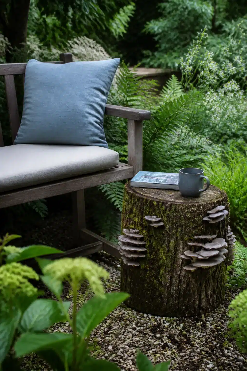 Tree stump ideas: oyster mushrooms growing on a moss-covered log used as a garden side table with bench.