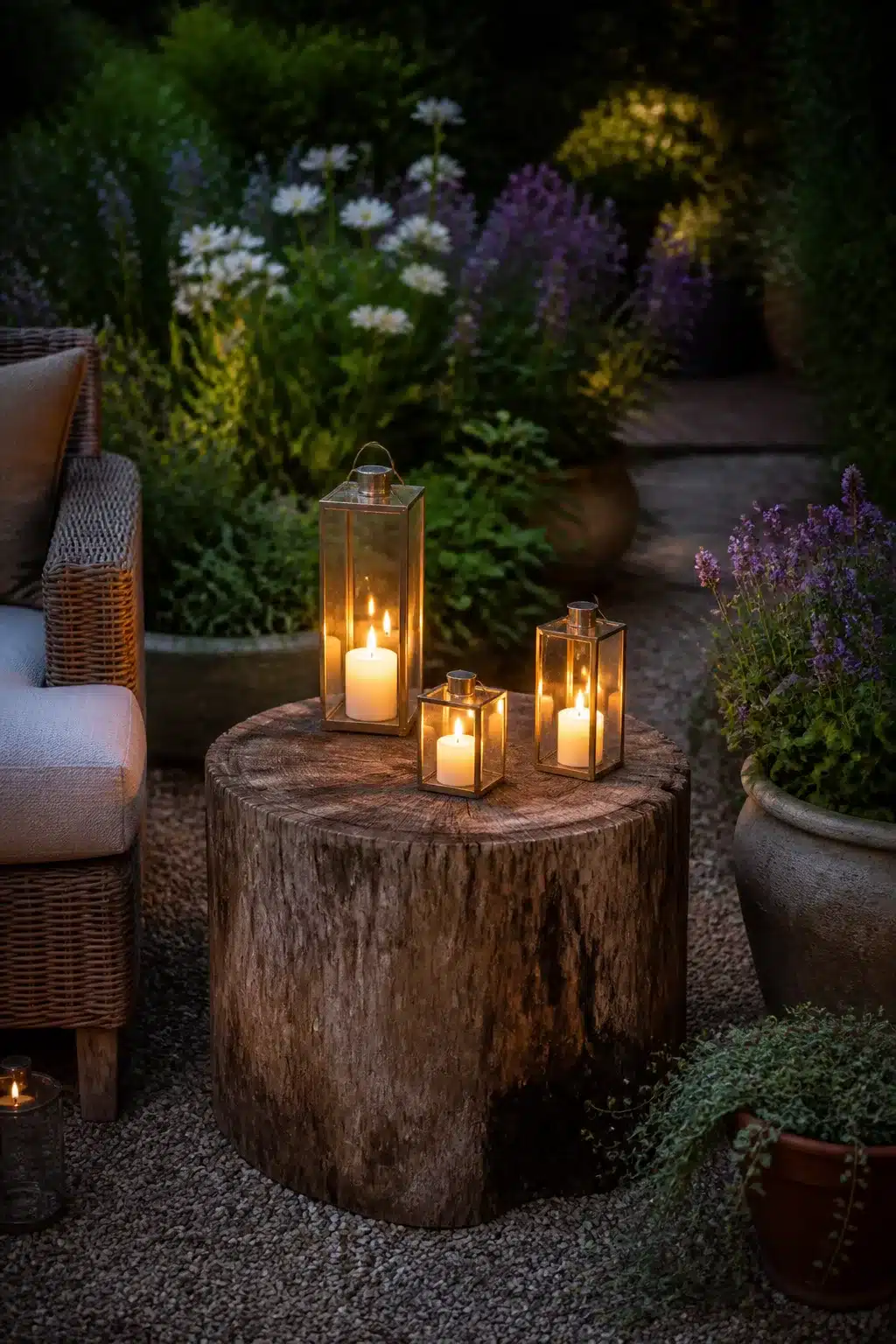 Tree stump ideas — glass candle lanterns grouped on a raw wood stump in a gravel garden at dusk