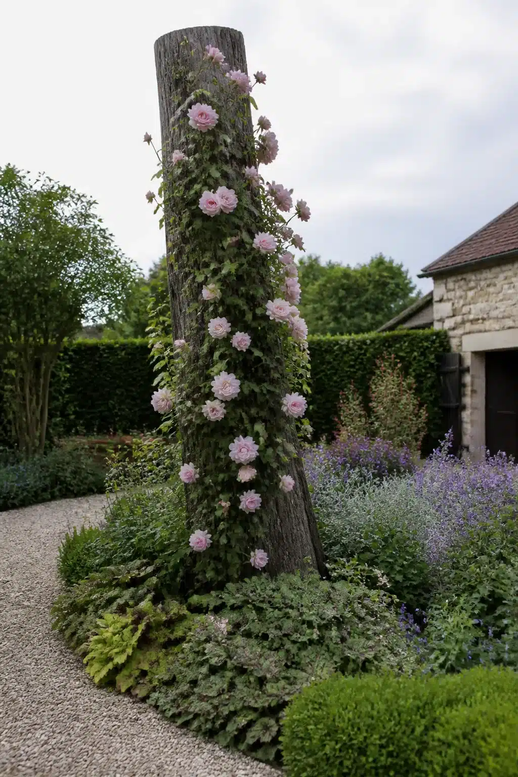Tree stump idea: weathered tall trunk used as a climbing rose support with pink blooms in a formal garden setting.