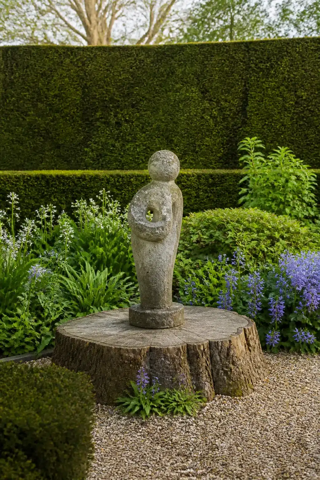 Tree stump ideas — stone abstract sculpture used as a natural garden plinth set in gravel with blue salvia border