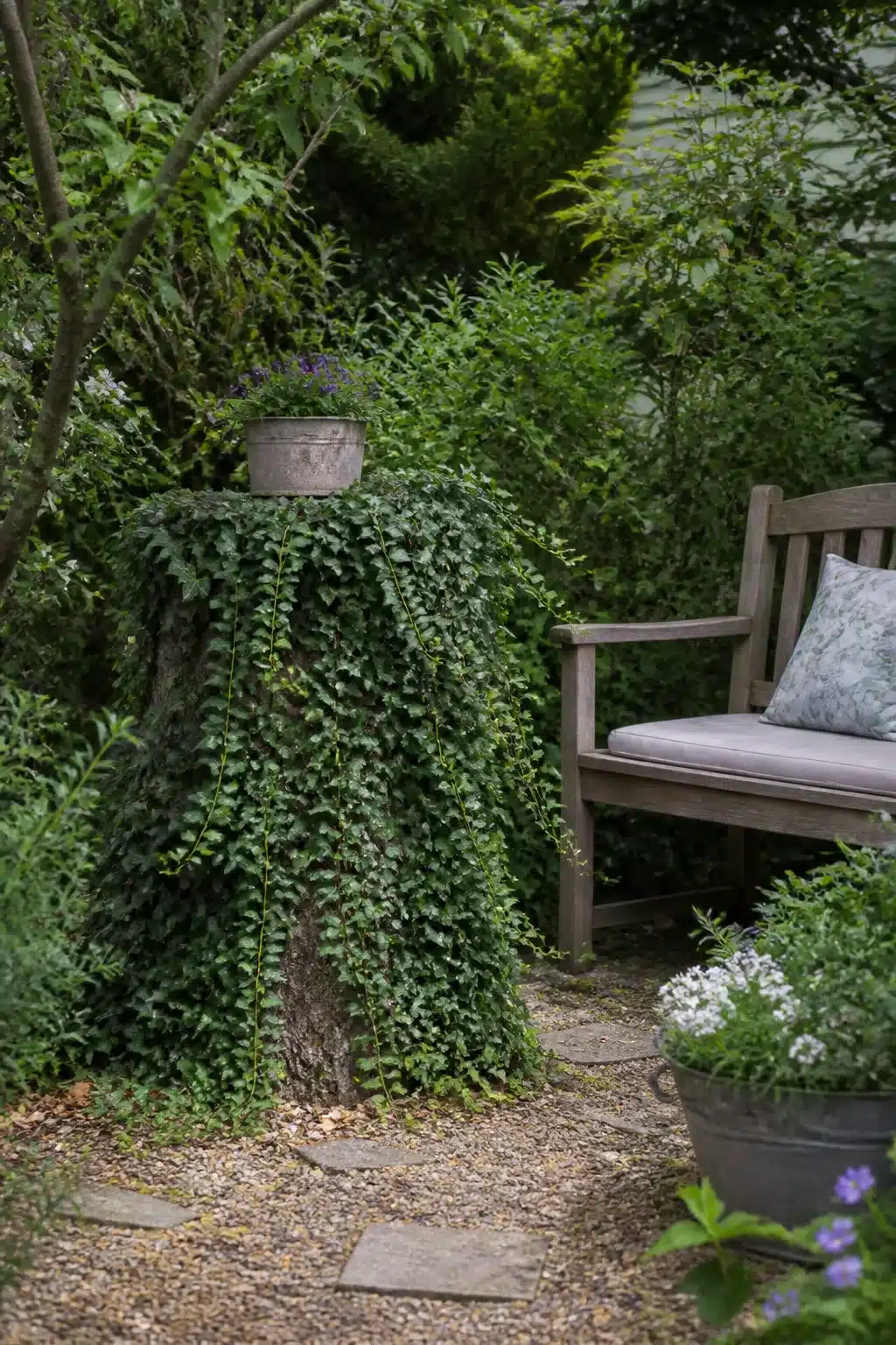 Ivy-draped tree stump used as a garden pedestal with stone planter — creative tree stump ideas for shady corners