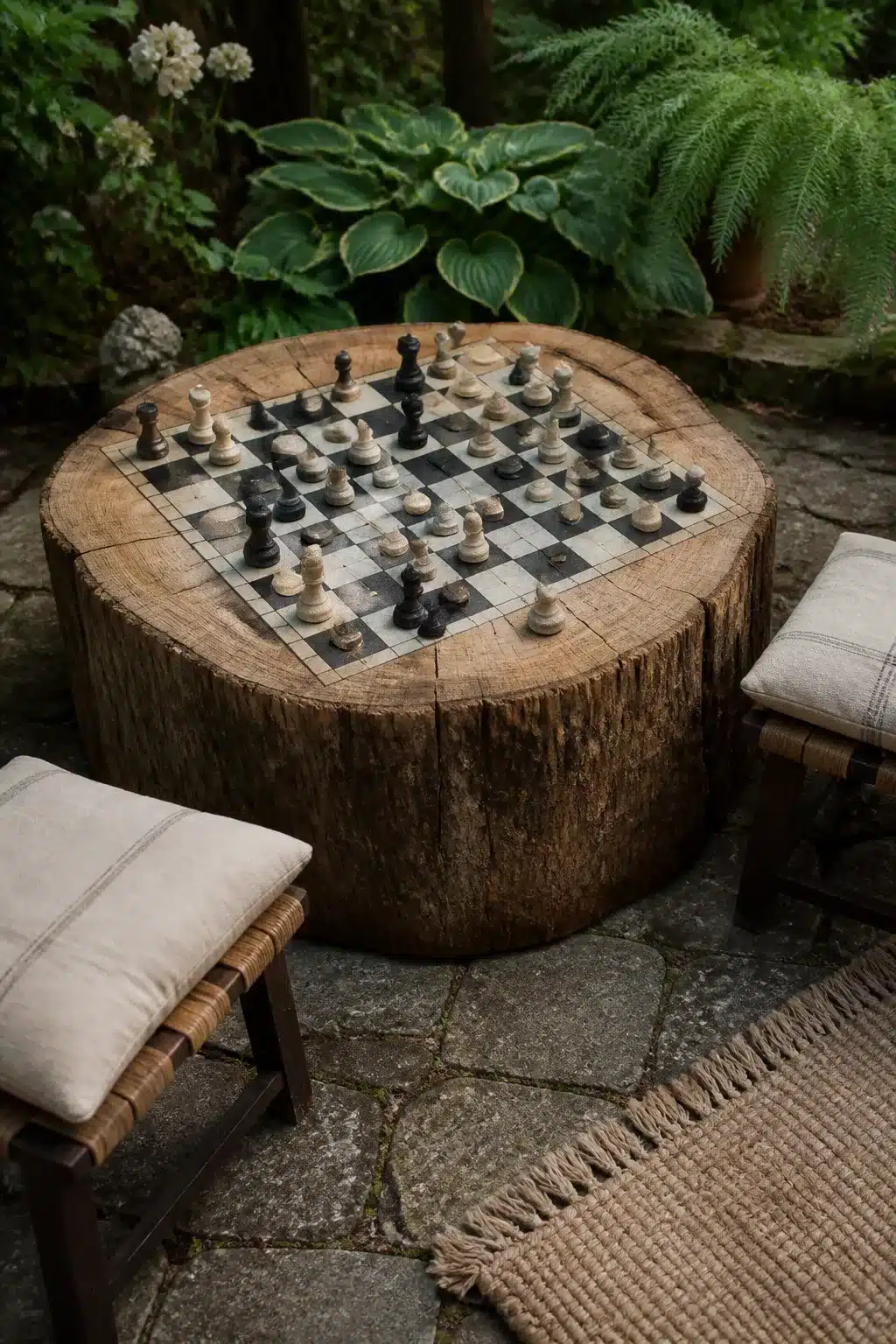 Tree stump ideas: wide stump with inlaid chess board, linen stools, and hosta backdrop on a stone patio