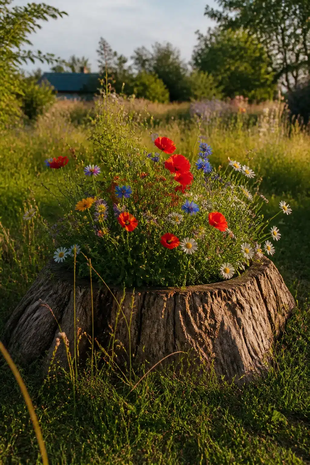 Tree stump ideas: hollowed stump planted with red poppies, cornflowers, and daisies in a wildflower garden setting.