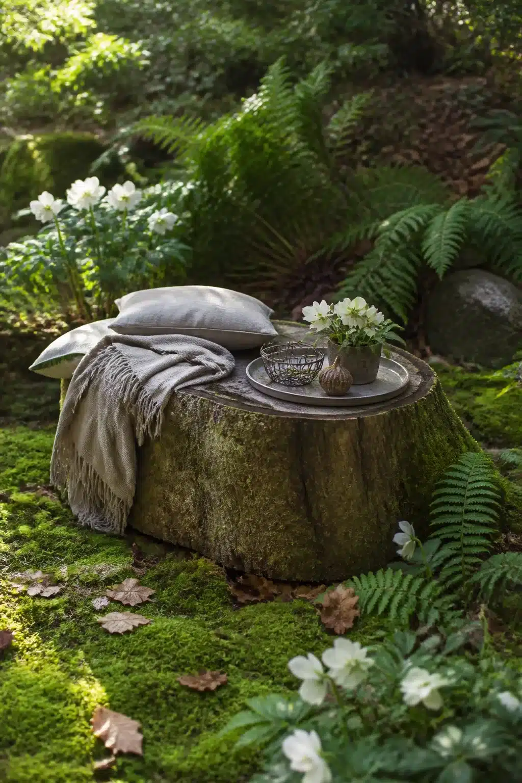 Moss-covered tree stump idea styled with gray linen throw and hellebore in a shaded woodland garden