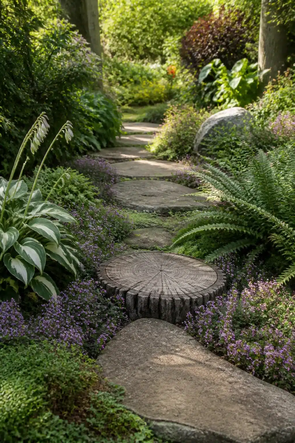Tree stump ideas: log slice stepping stones with creeping thyme, hostas and ferns in a shaded garden path.