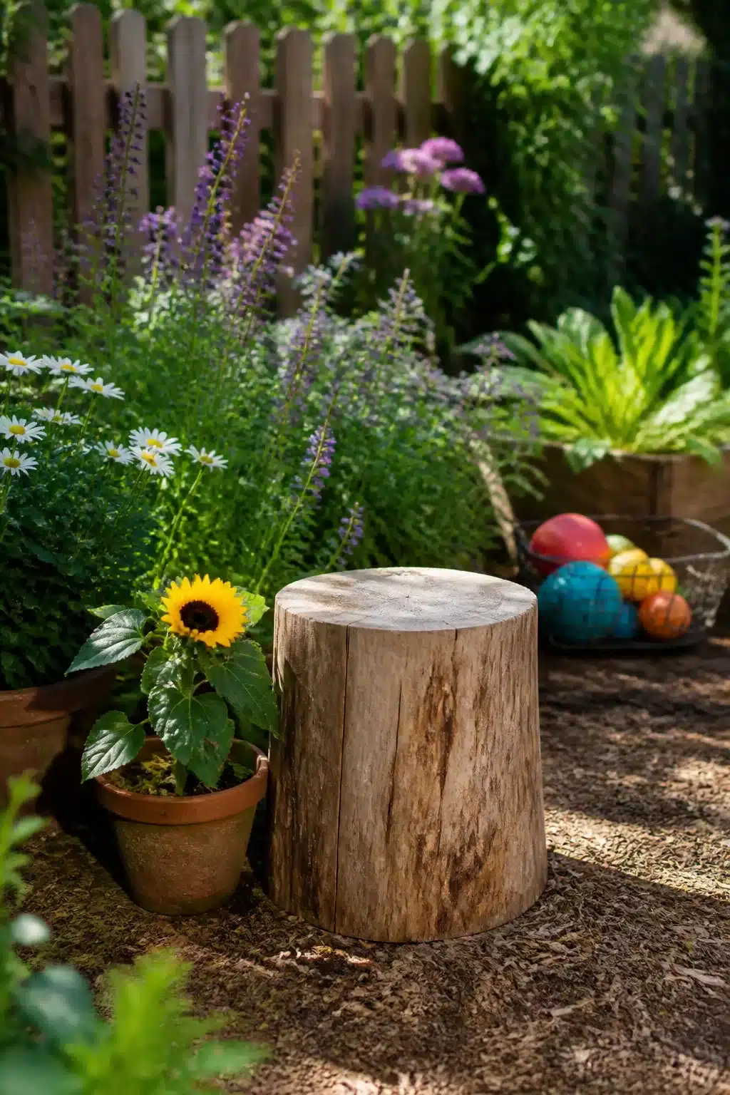Tree stump ideas for kids: natural log stump outdoor stool with sunflower pot and garden plantings