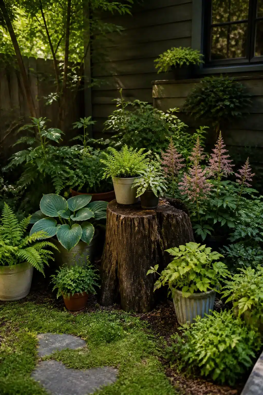 Tree stump ideas: weathered stump used as a fern pedestal surrounded by hostas and astilbe in a shady garden corner.