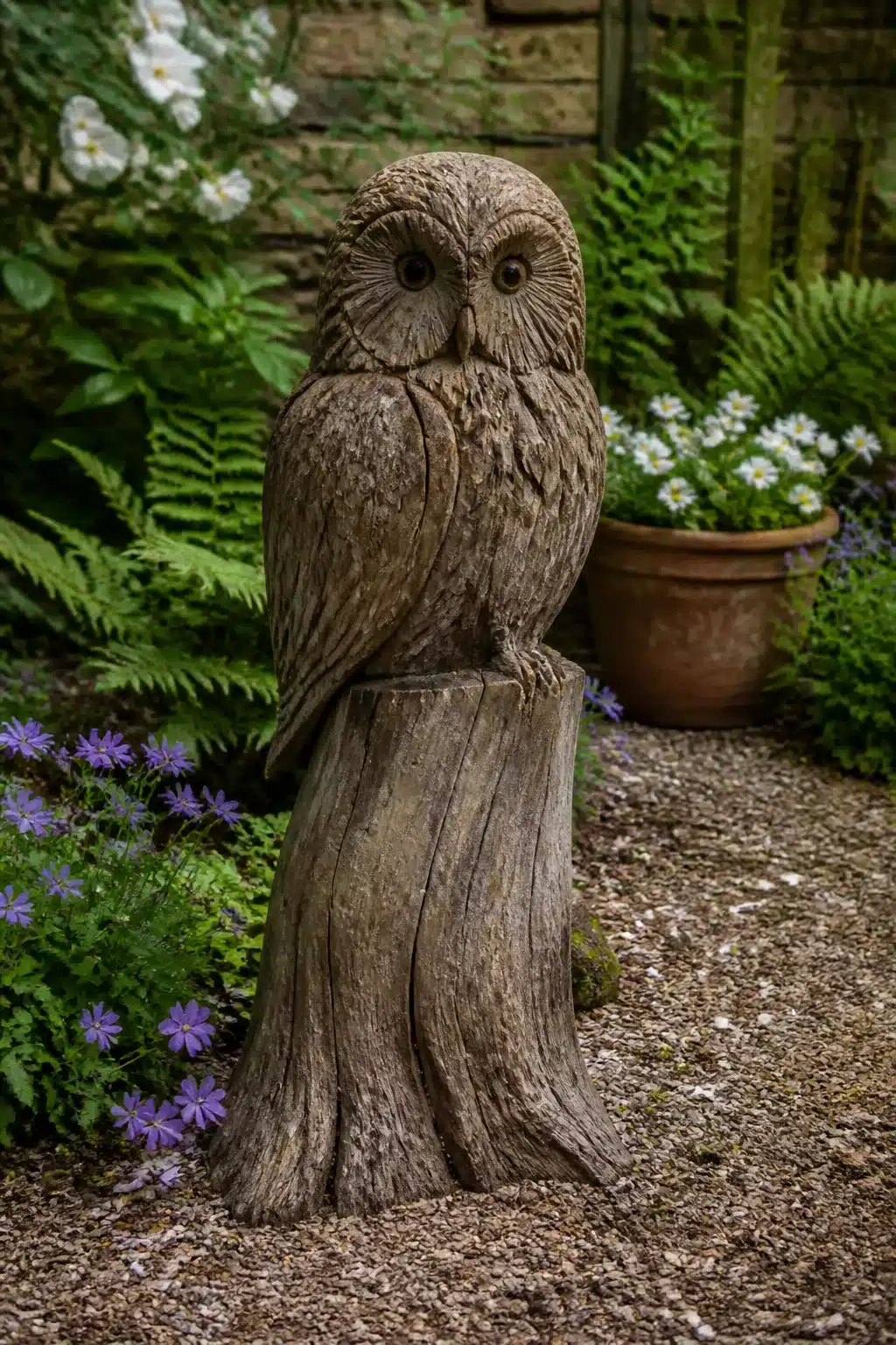 Stone owl sculpture on a tree stump surrounded by ferns and purple flowers — creative tree stump ideas for garden decor