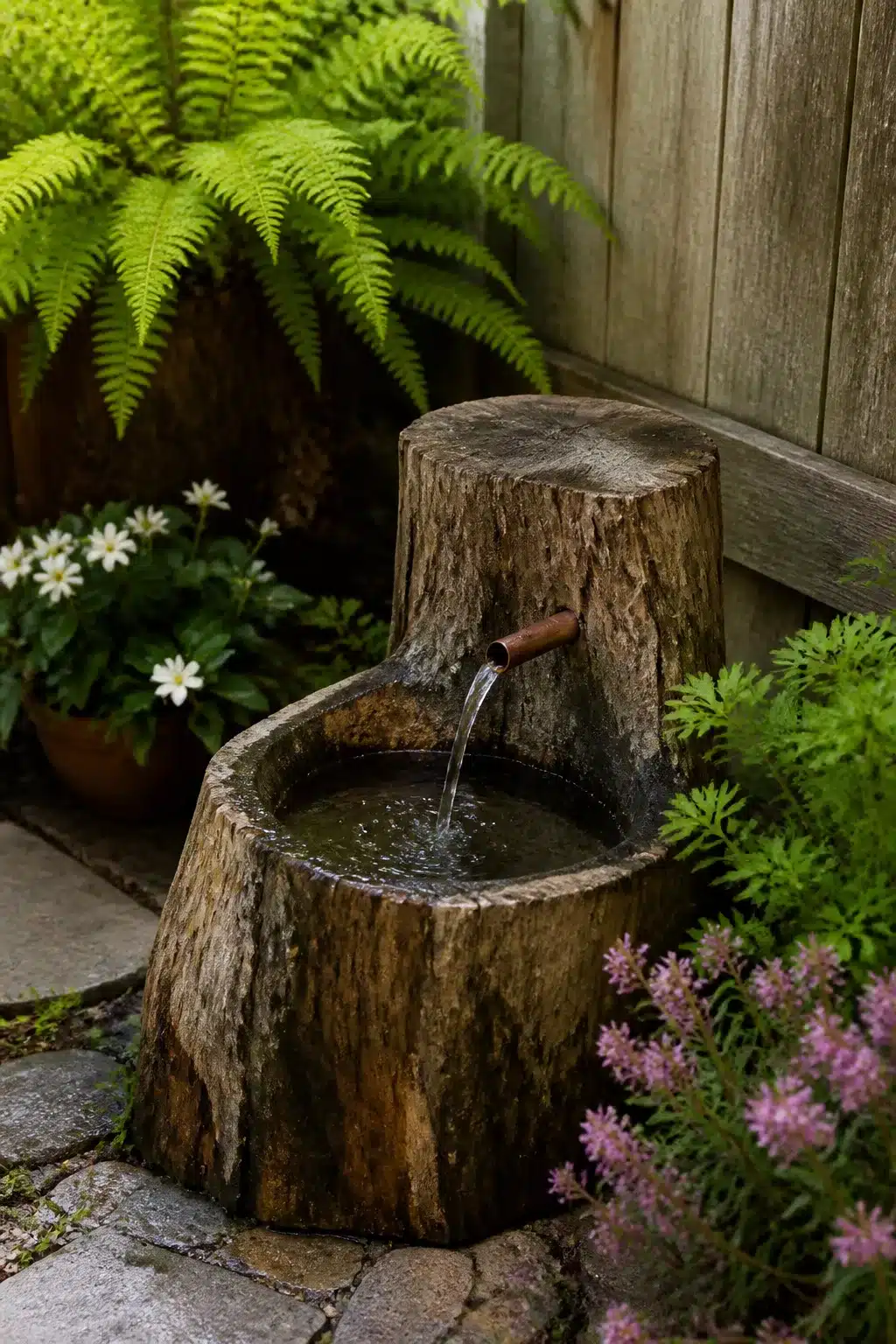 Tree stump water feature idea with copper spout and fern garden backdrop — creative tree stump ideas for shade gardens