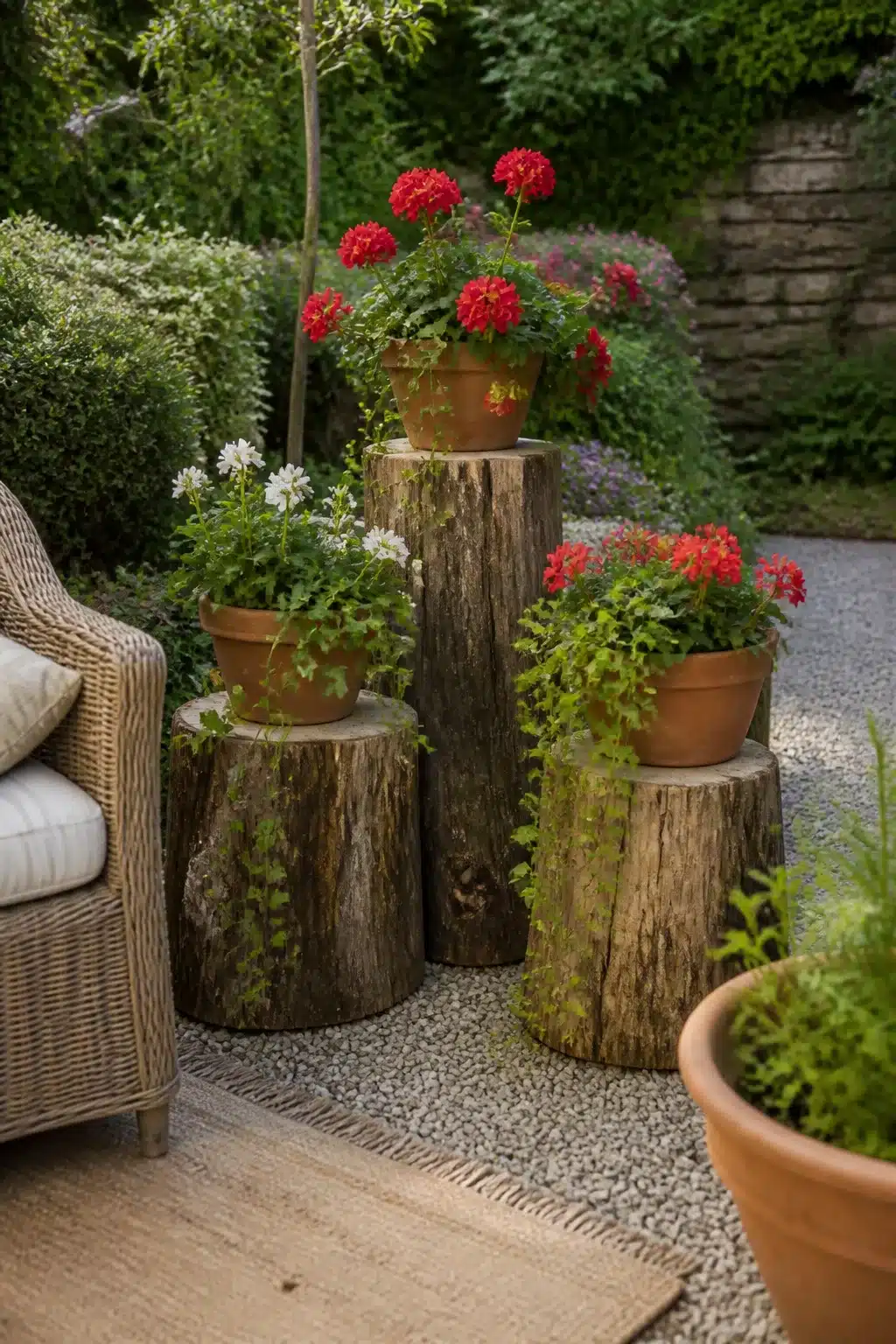 Tree stump ideas: cluster of stumps used as tiered pedestals for terracotta pots with red geraniums in garden