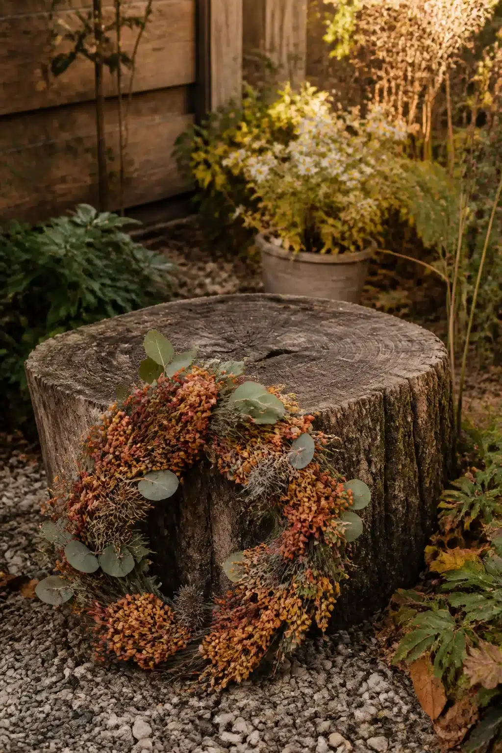 Autumn wreath with dried berries and eucalyptus resting on a wide weathered tree stump — tree stump ideas for fall garden decor.