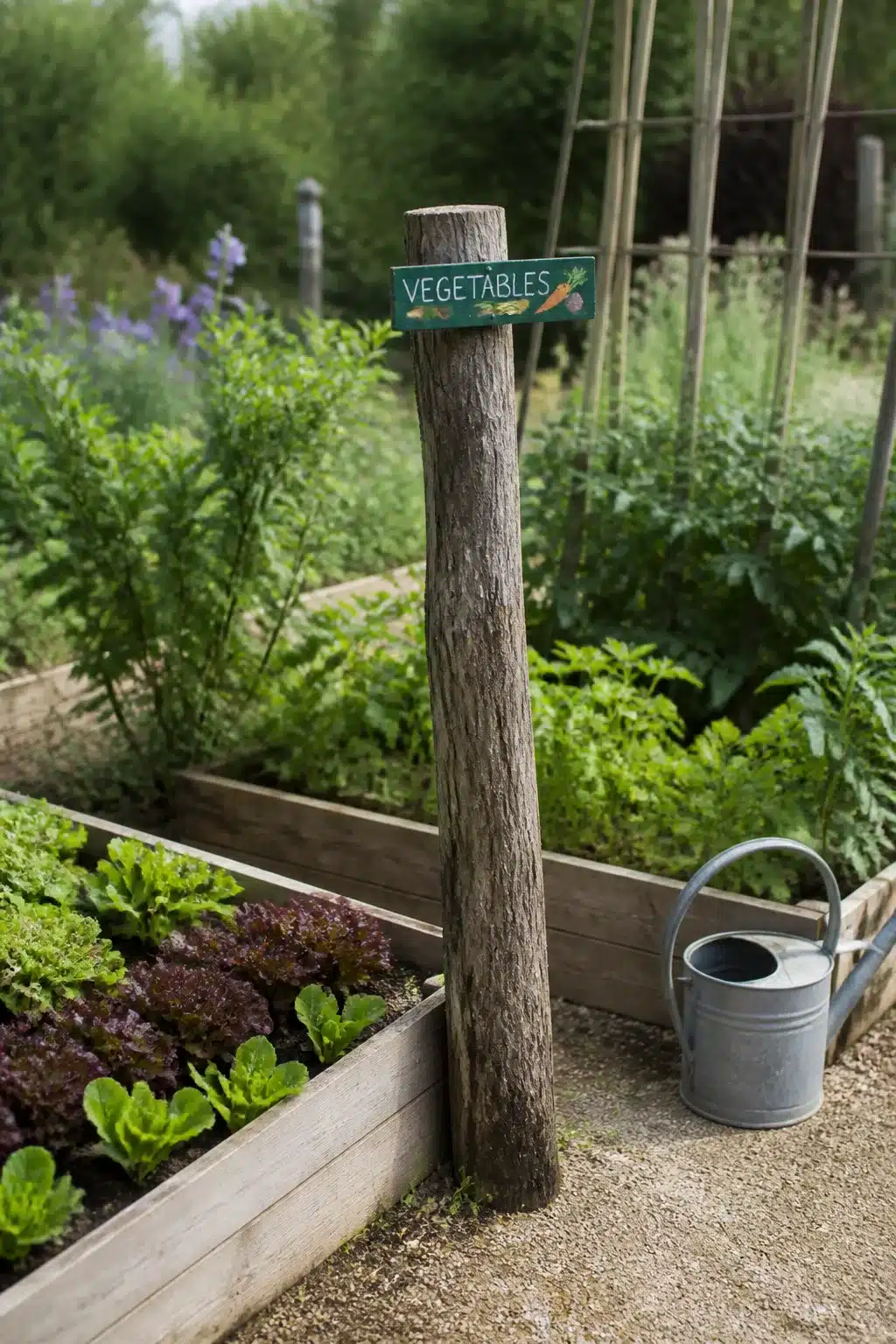 Tree stump ideas: rustic log post used as a vegetable garden marker with painted sign and raised beds.