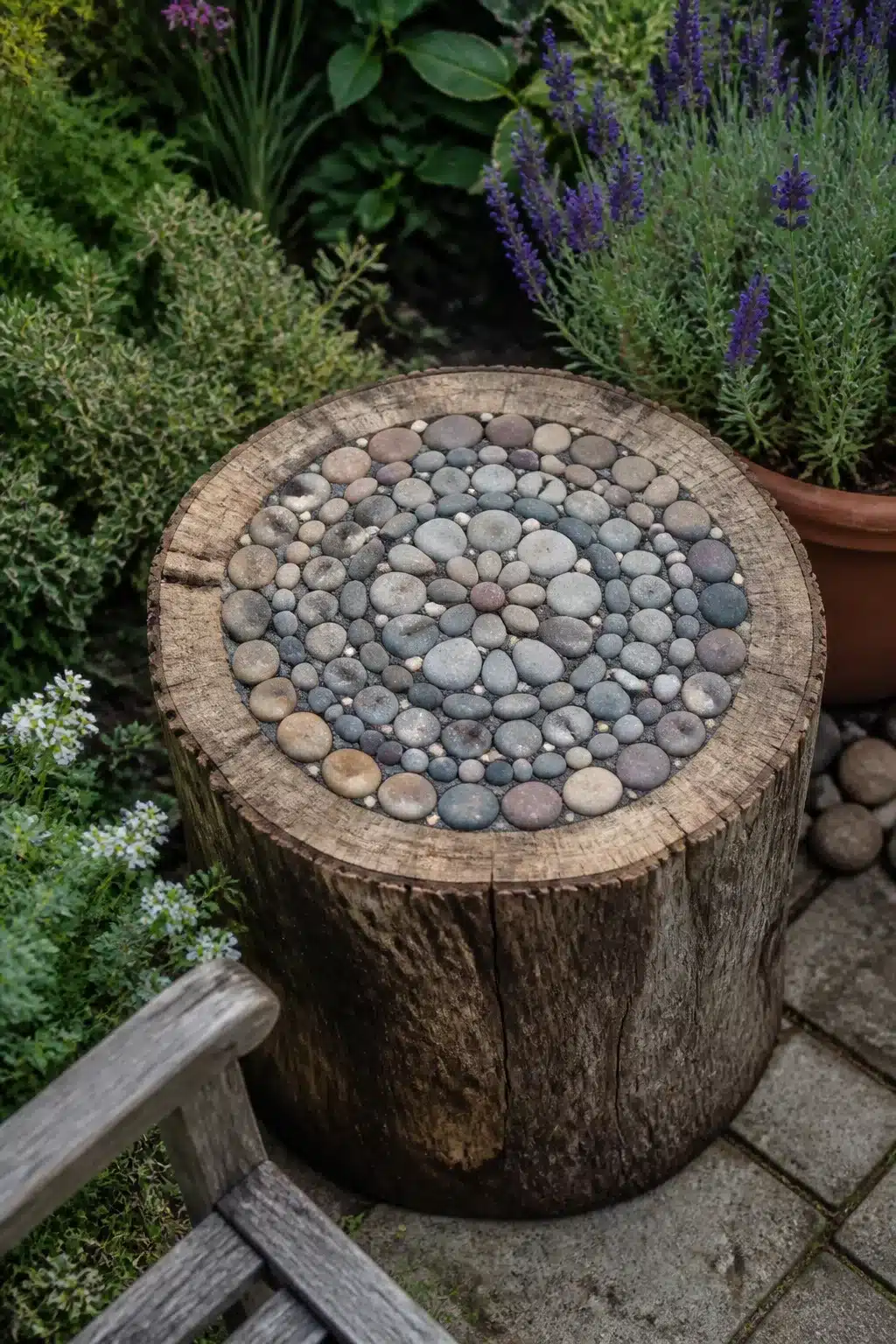 Tree stump ideas: rustic log stump with river pebble mosaic top surrounded by lavender and garden herbs.
