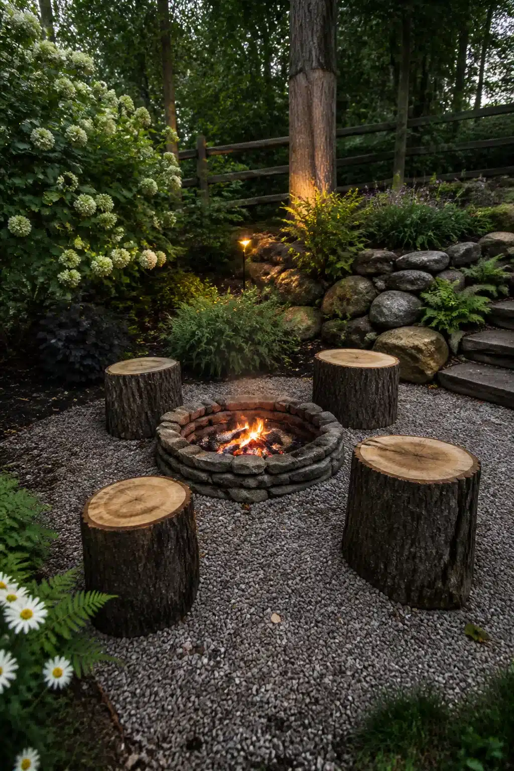 Tree stump ideas: log stump seats circling a stone fire pit on gravel, surrounded by hydrangeas and garden lighting.