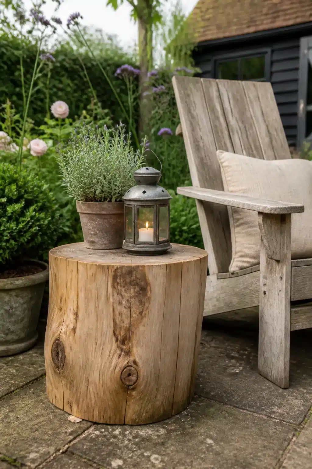 Tree stump ideas — raw wood stump used as a patio side table with lantern and lavender pot beside teak chair