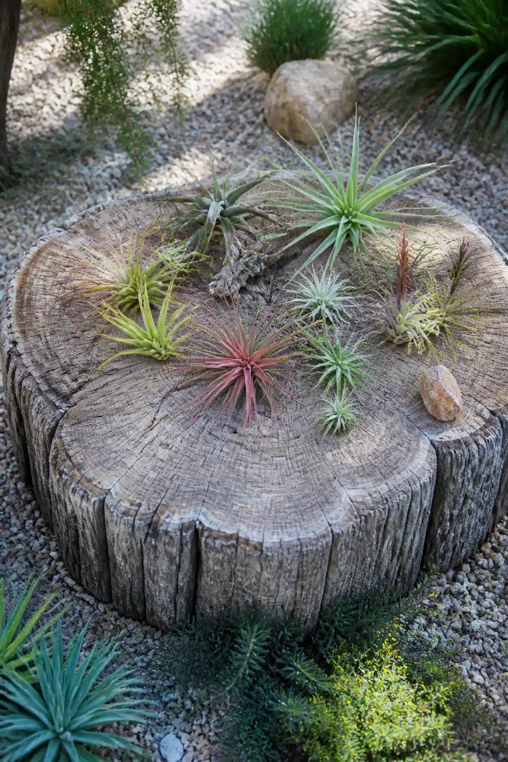 Tree stump ideas — weathered stump topped with a colorful collection of air plants in a gravel garden
