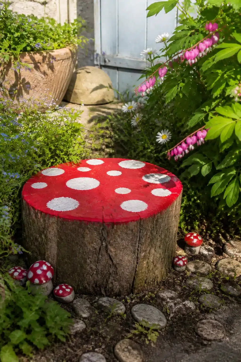 Red and white painted toadstool tree stump in a cottage garden — creative tree stump ideas for a playful outdoor space