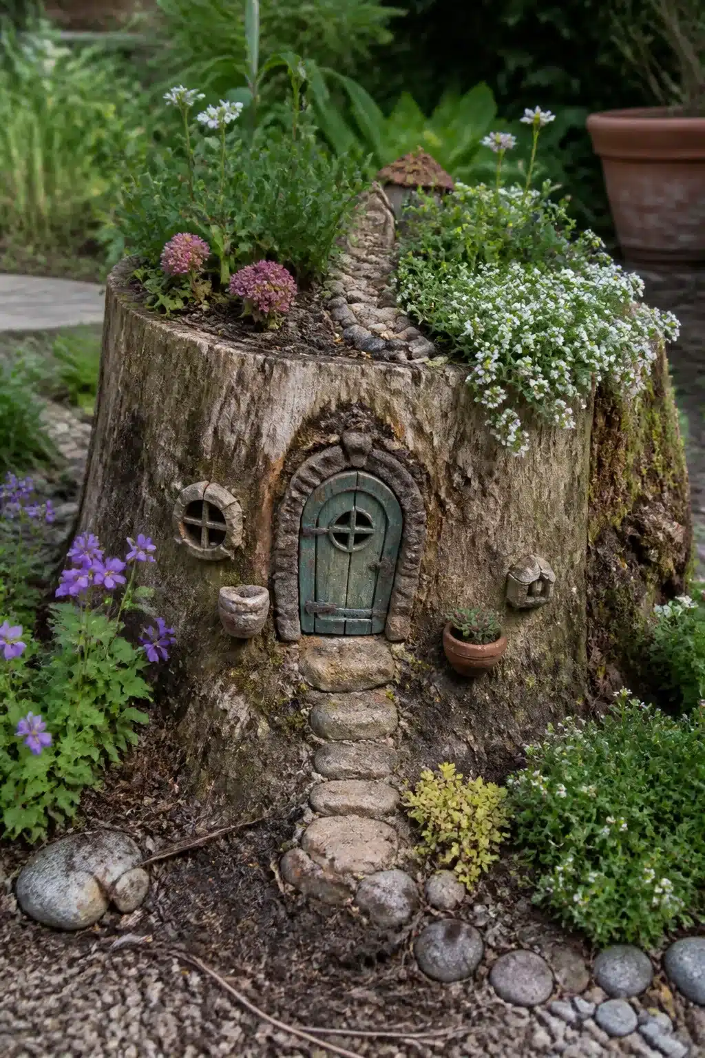 Tree stump fairy garden idea with arched door, pebble path steps, and flowering plants on top — creative tree stump ideas