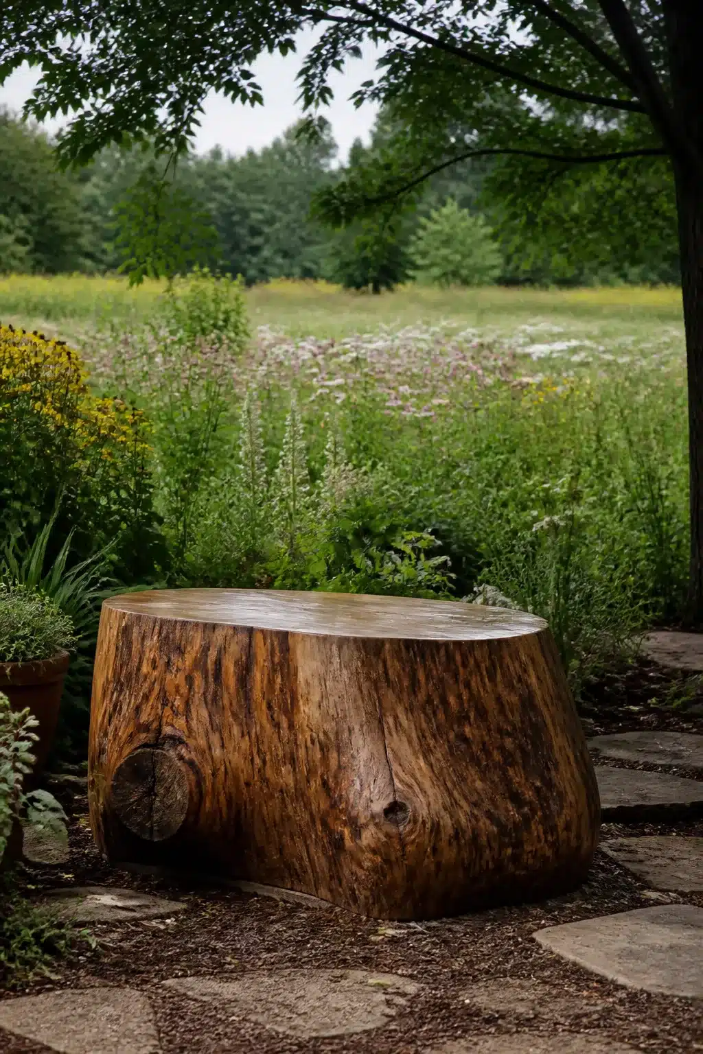 Polished tree stump seat on stone pavers with wildflower meadow — tree stump ideas for natural garden seating