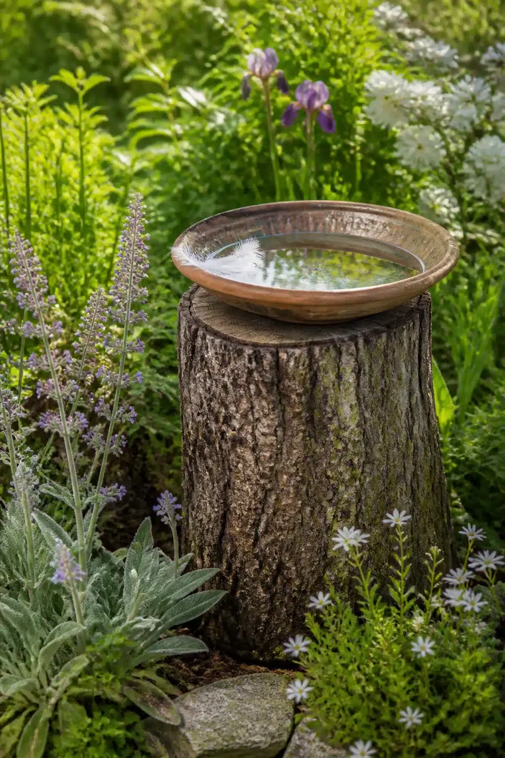 Tree stump ideas: ceramic glazed bird bath bowl resting on a natural stump base surrounded by ferns and wildflowers.