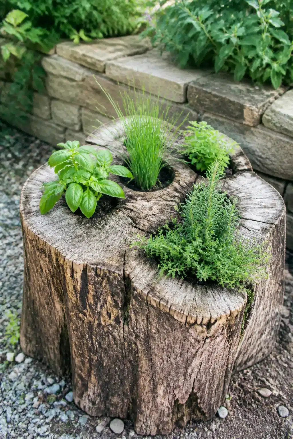 Hollowed tree stump used as an outdoor herb garden planter — creative tree stump ideas for gardens