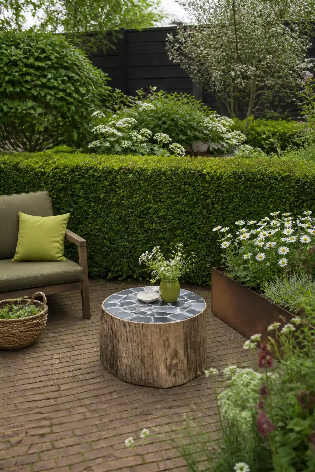 Tree stump ideas: slate mosaic top used as a low coffee table on a brick patio with garden seating
