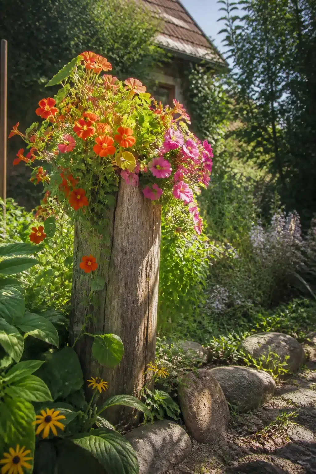 Tree stump post idea with cascading orange nasturtiums and pink petunias in a cottage garden setting.