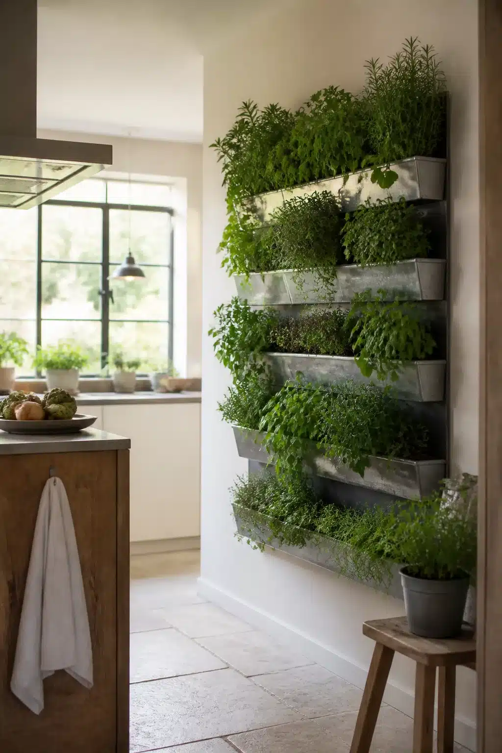 Galvanized steel trough vertical garden wall with fresh kitchen herbs growing indoors in a bright farmhouse kitchen.