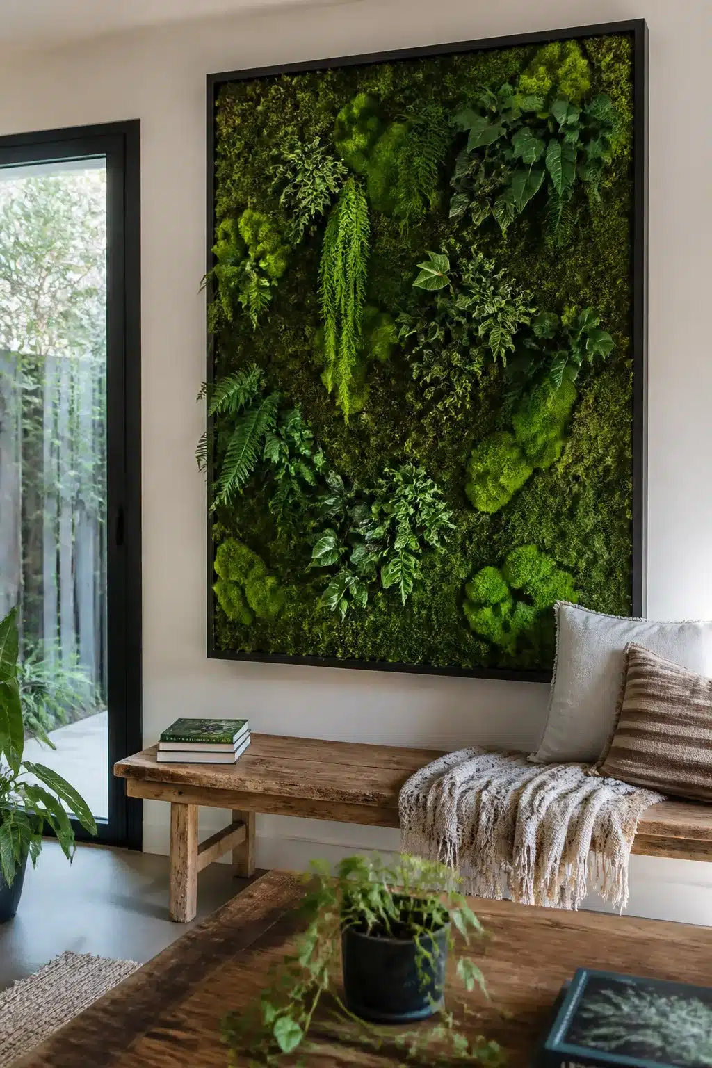 Framed moss and fern vertical garden wall panel above a rustic wood bench in a modern living room.