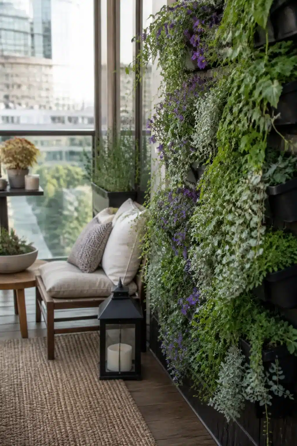 Black pocket panel vertical garden wall on a city balcony with purple flowers and trailing green foliage