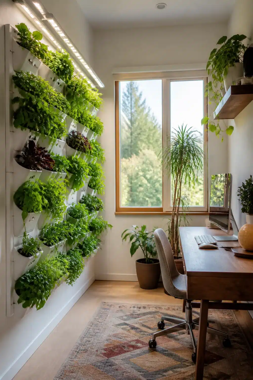 Hydroponic LED vertical garden wall with white grow channels and lush greens in a home office setting