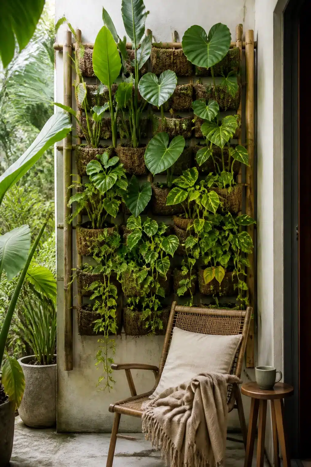 Bamboo frame vertical garden wall with coir pockets holding tropical plants on a covered outdoor patio