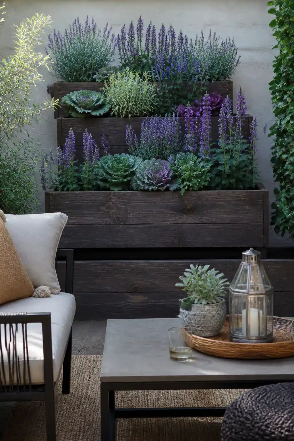 Dark wood stacked raised planter boxes with lavender and salvia as a vertical garden wall on a patio