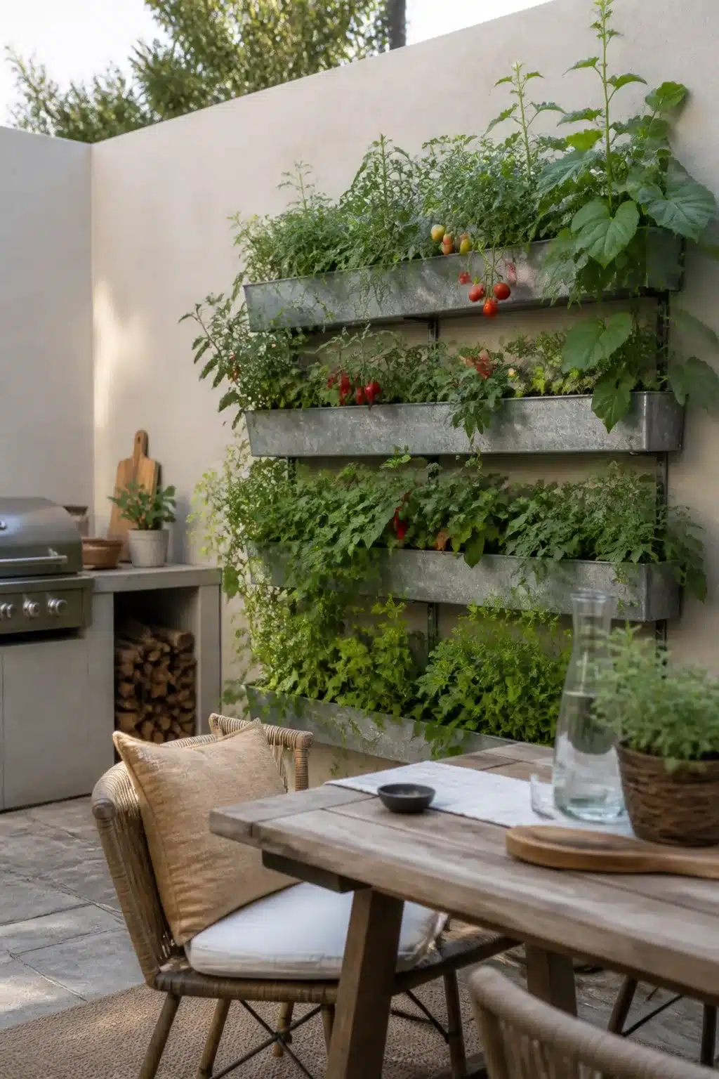 Edible vertical garden wall with galvanized troughs growing tomatoes and herbs beside an outdoor kitchen and dining area.