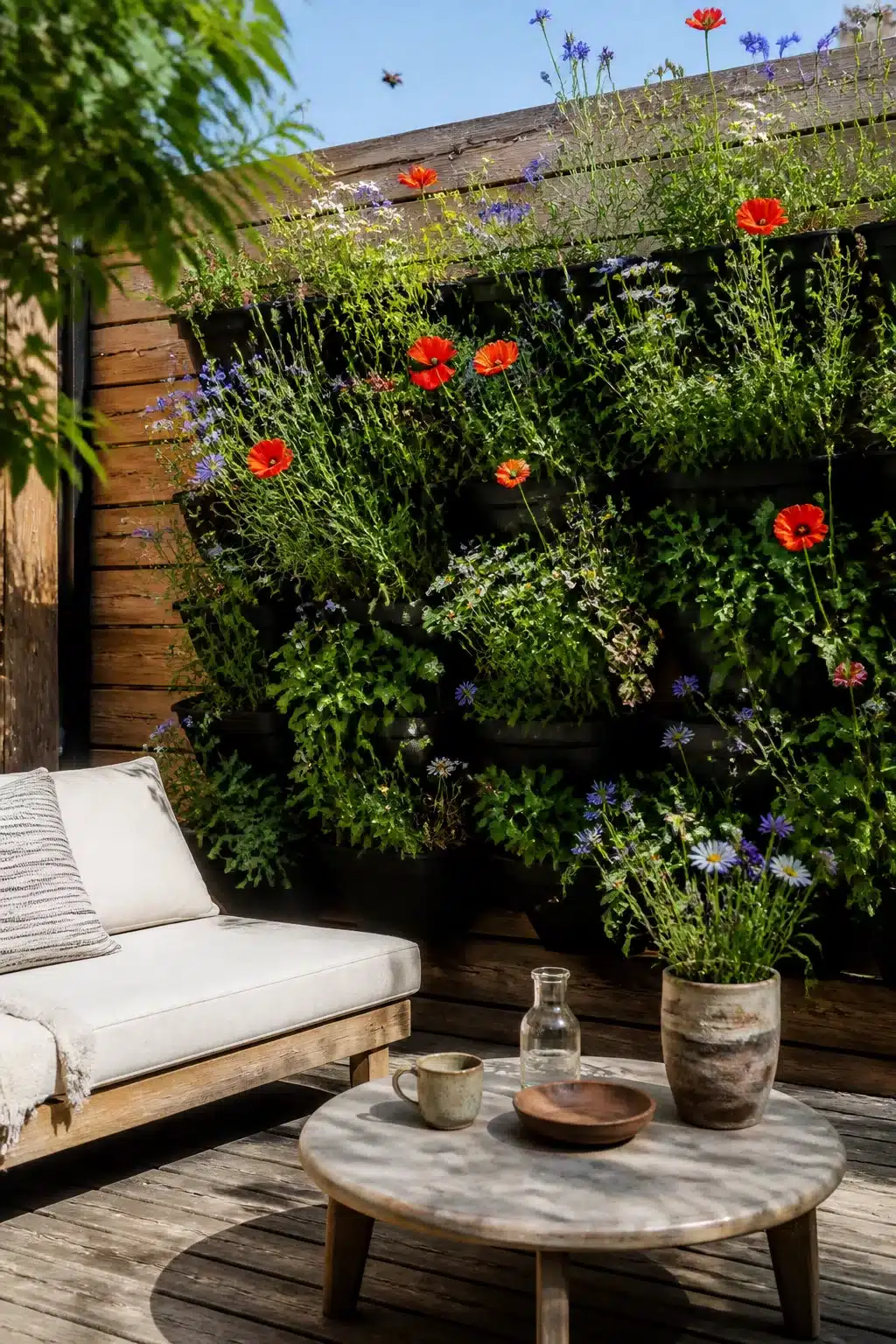 Wildflower vertical garden wall with red poppies and cornflowers in black felt pocket panels on a timber fence deck