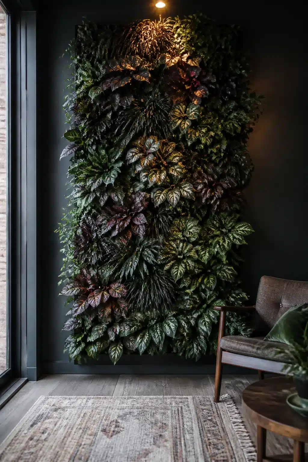 Dark moody indoor vertical garden wall with mixed burgundy and green foliage plants against a black wall