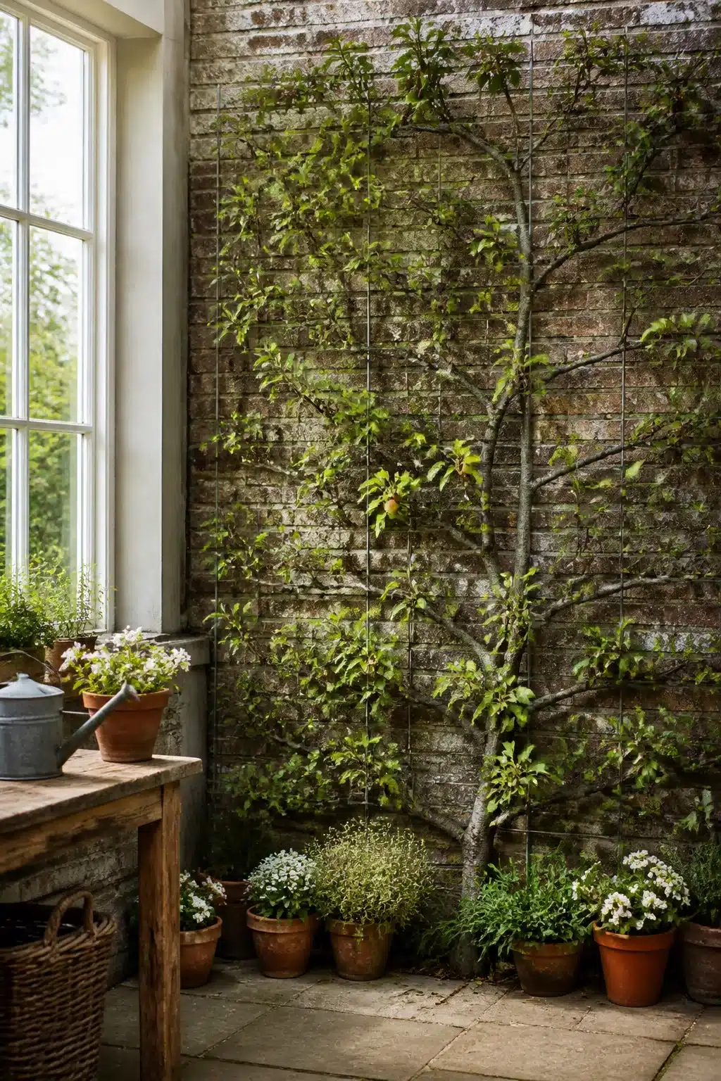 Espalier fruit tree trained on wire grid against aged brick — a living vertical garden wall with clay pots below