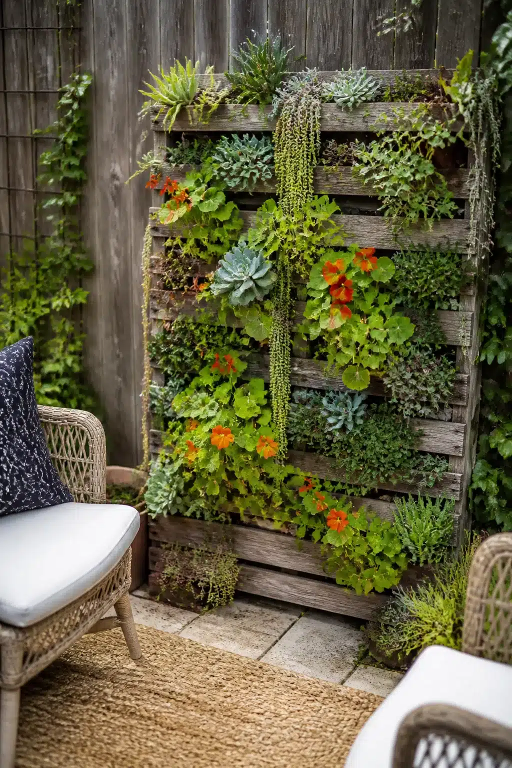 Reclaimed wood pallet vertical garden wall with succulents and orange nasturtiums in a small backyard corner.