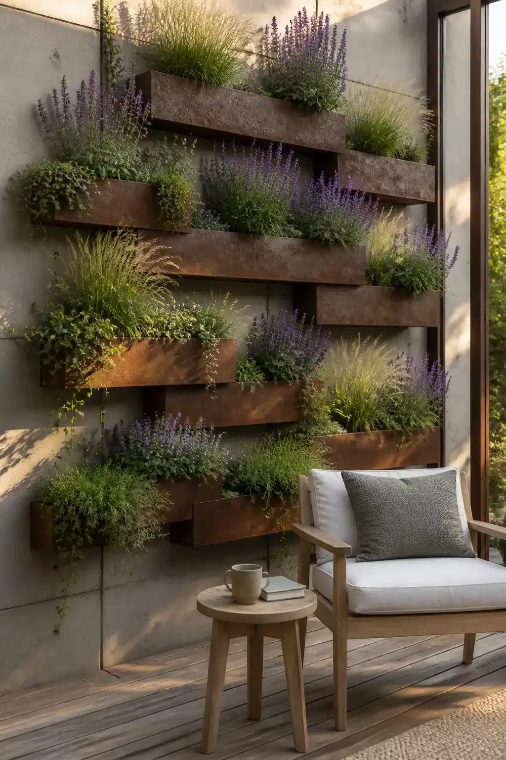 Staggered corten steel trough planters with lavender and grasses on a concrete vertical garden wall