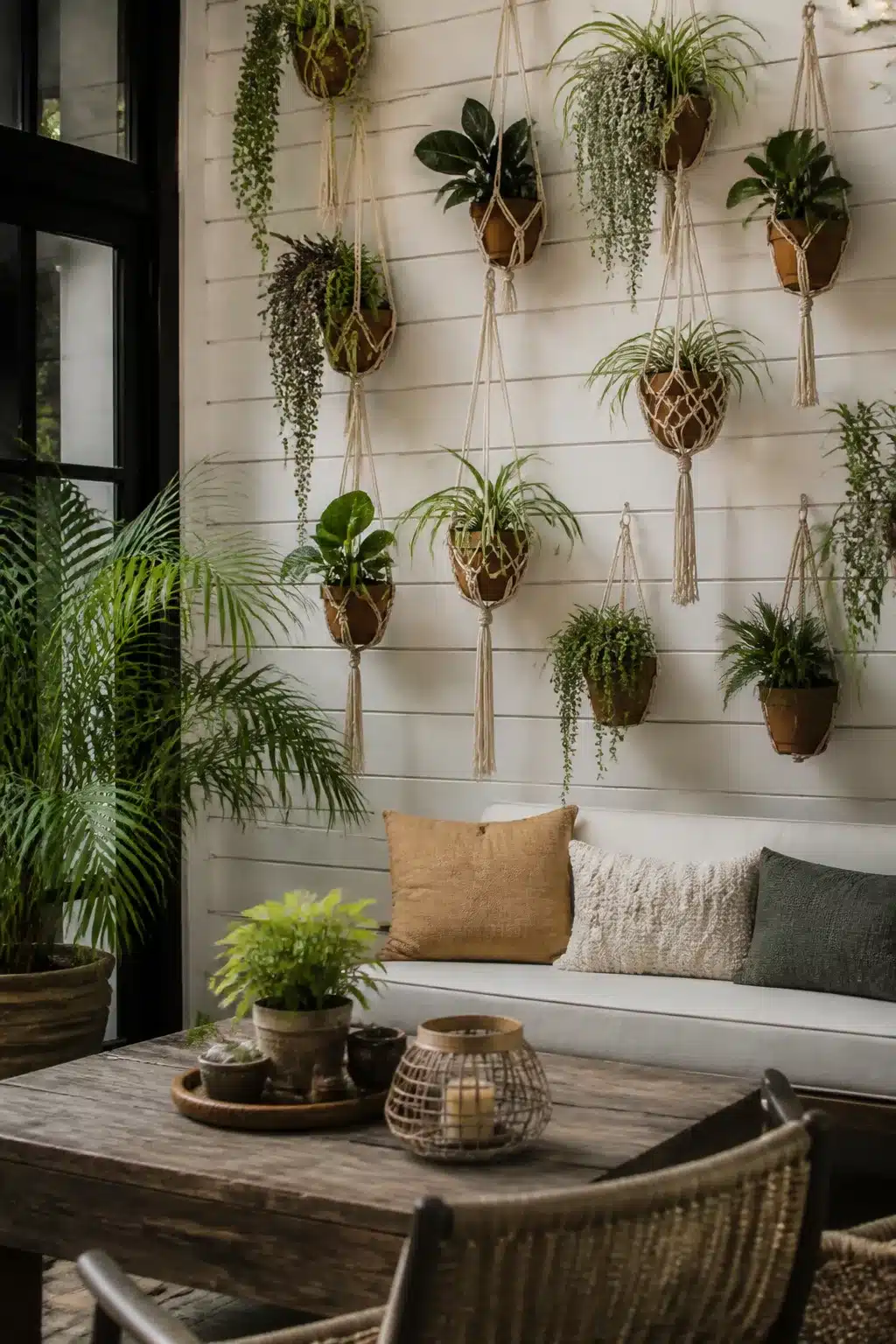 Macramé hanging planters with trailing and leafy plants arranged on a white shiplap vertical garden wall.